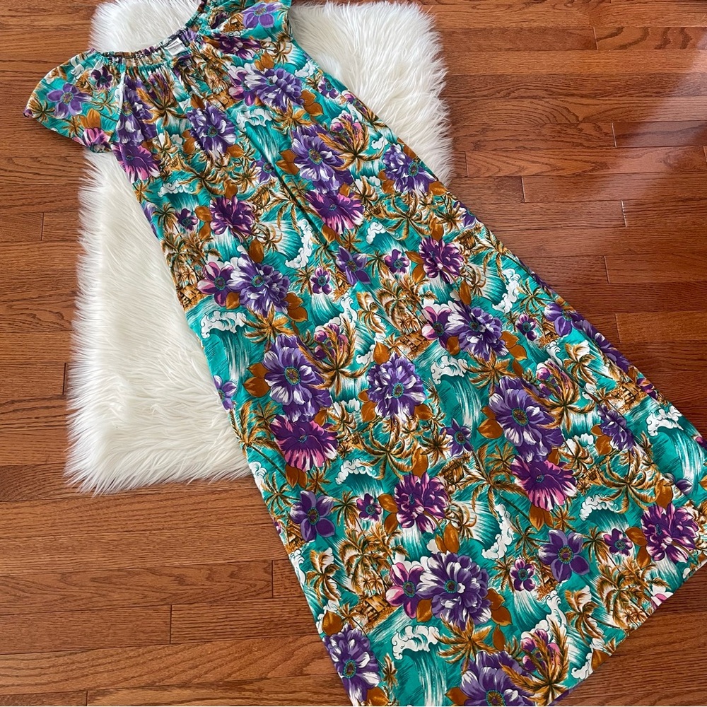 Vintage Island Maxi Dress Floral Montgomery Ward Flutter Sleeves Pockets Size M